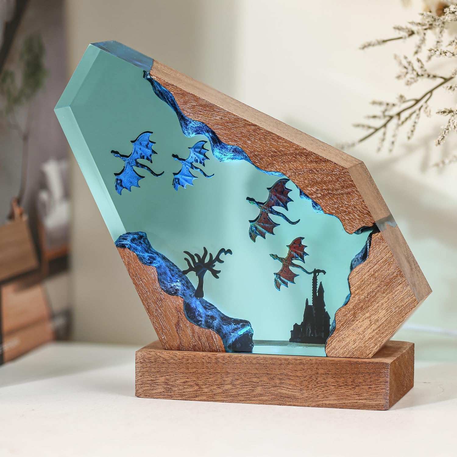Resin Dragon Lamp,RGB Table Night Light with Wood Base, Handmade Resin Art Piece Brithday Valentine's Gifts for Women & Men,Dragon Gifts for Dungeons,Gamer (M,8'x5')