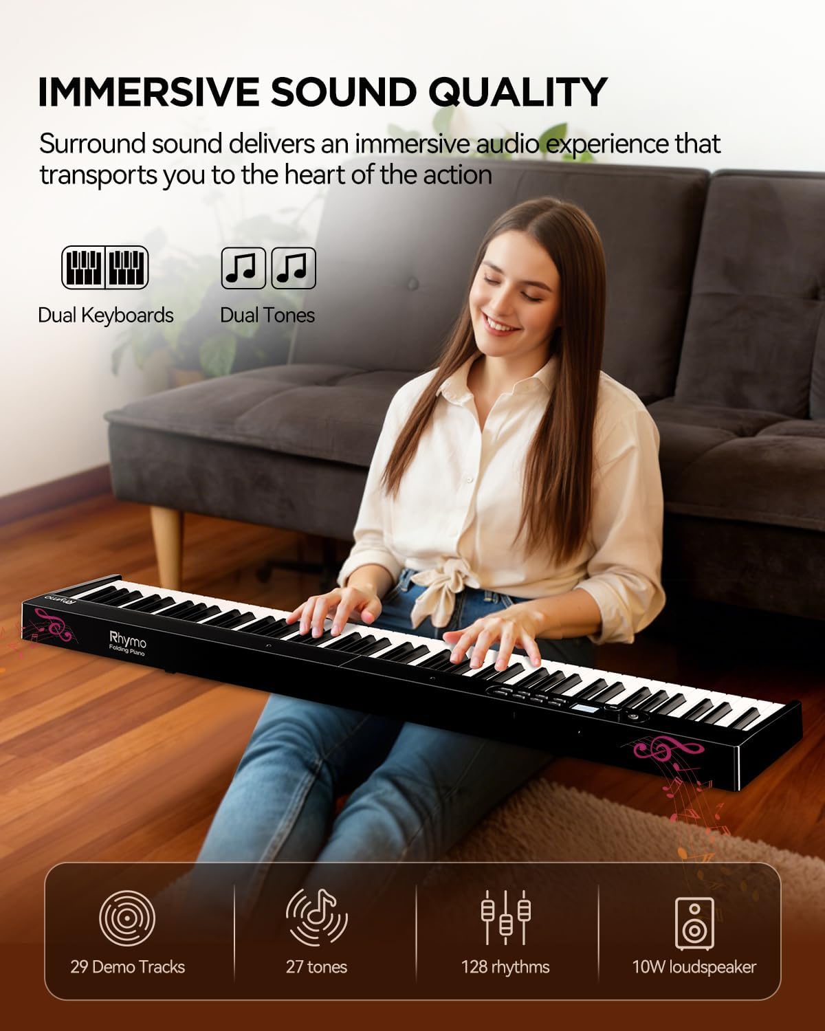 Rhymo Portable Piano Keyboard, Semi-Weighted Folding Piano 88 Key Full Size, Upgrand Imitation Wood Texture Keyboard w/MIDI Bluetooth LCD Display Screen, Sustain Pedal for Beginners Adult Toddler