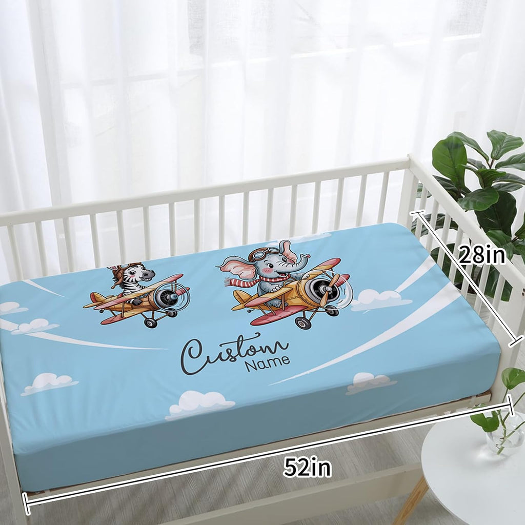 Personalized Crib Bedding Set for Baby Boys, Custom Name Baby Crib Sets 5-Pcs Include Toddler Double Layer Blanket Fitted Sheet Changing Pad Cover Rug Wall Art Set, Elephant Glider Theme Nursery Décor