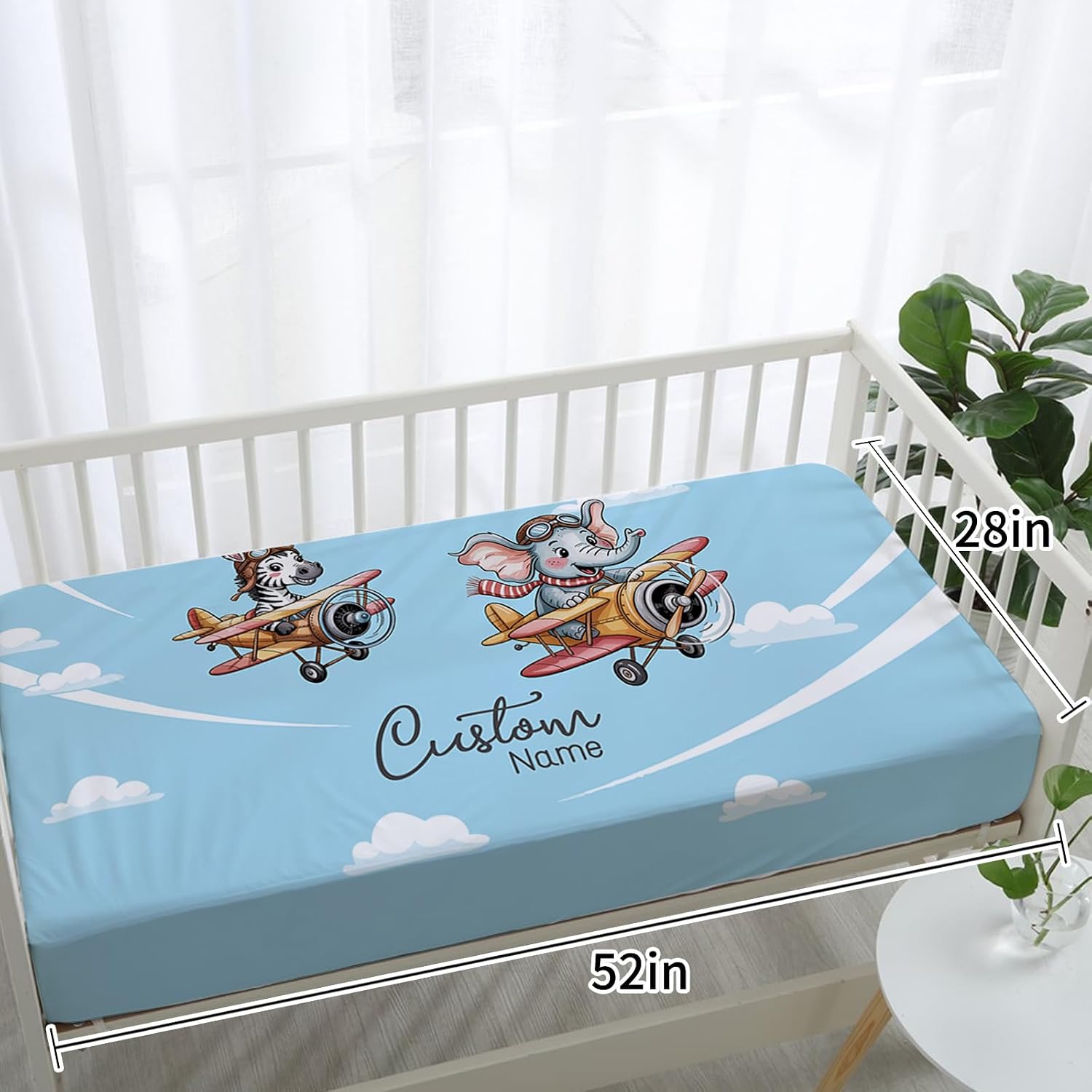 Personalized Crib Bedding Set for Baby Boys, Custom Name Baby Crib Sets 5-Pcs Include Toddler Double Layer Blanket Fitted Sheet Changing Pad Cover Rug Wall Art Set, Elephant Glider Theme Nursery Décor