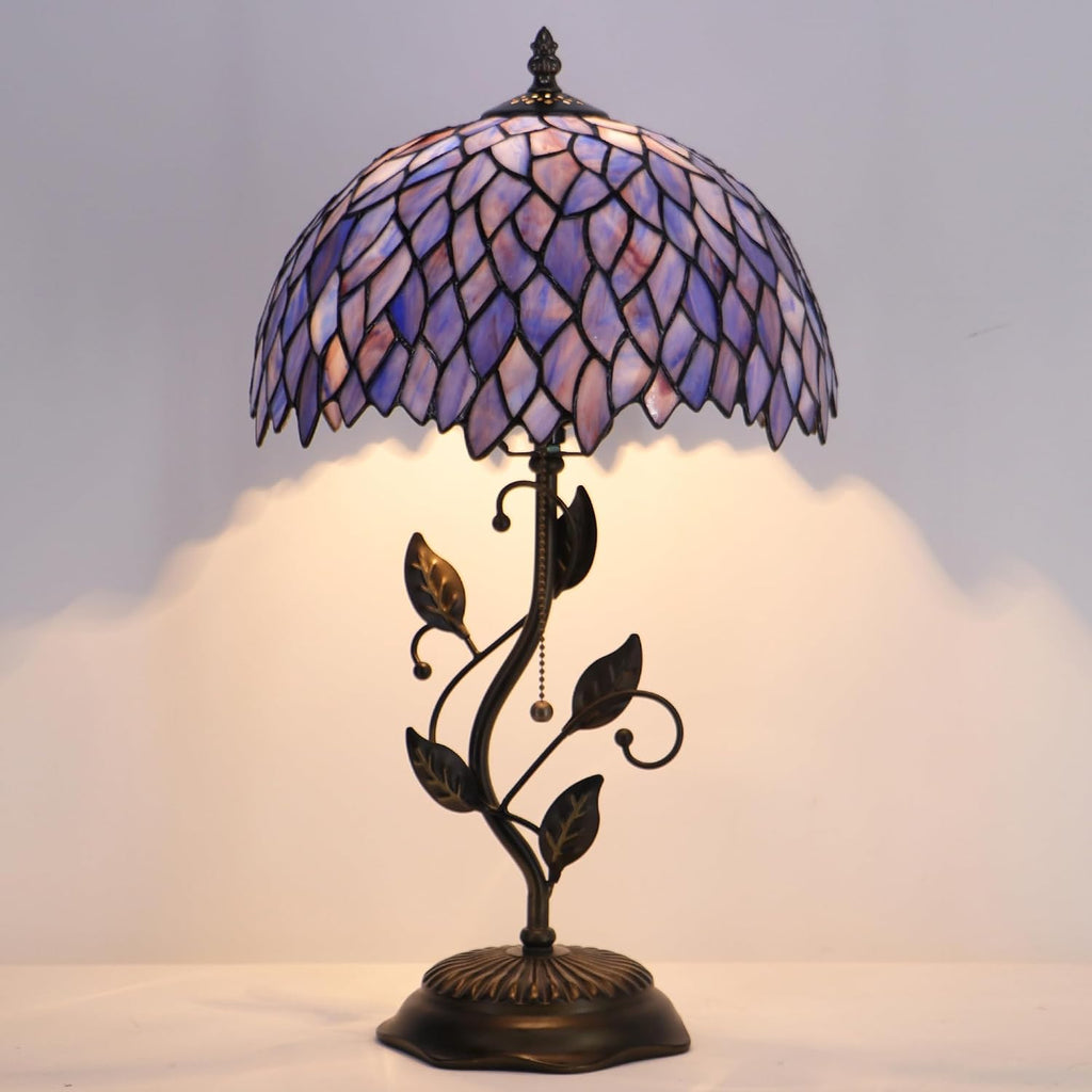 Tiffany Table Lamp Stained Glass Desk Lamp Metal Leaf Base Reading Light 12X19 Inch (Wisteria Style)