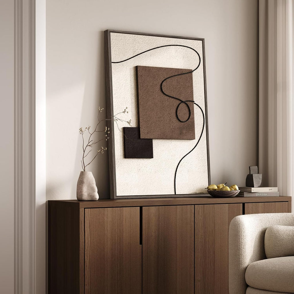 3D Textured Framed Neutral Abstract Wall Art, Modern Beige and Brown Block and Rope Paintings Artwork for Walls, Minimalist Pictures for Living Room Dining Room Bedroom Entryway Wall Decor 24x36 In