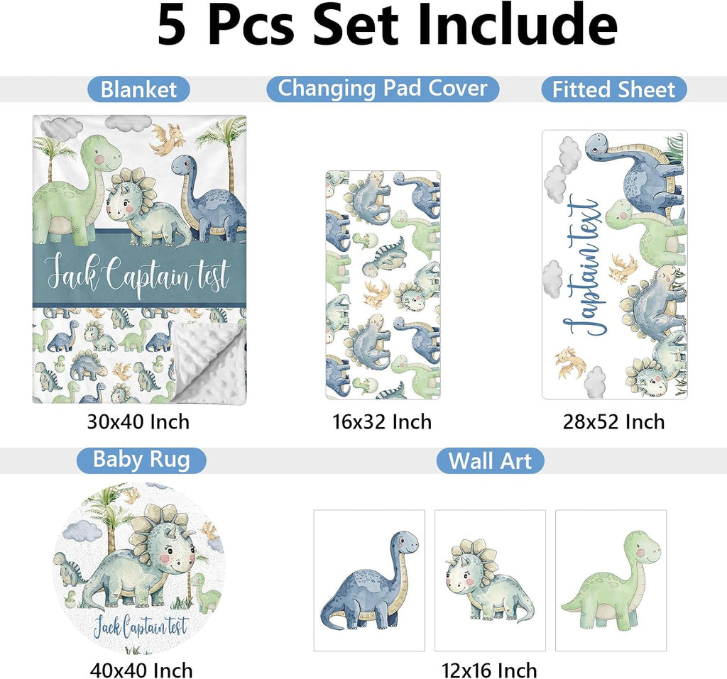 KAINSY Custom Baby Crib Bedding Set, 5 Pcs Personalized Name Green Dino Baby Crib Set for Kid Infant Toddler, Double Layer Customized Present