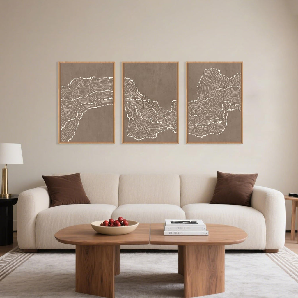 Abstract Line Wave Framed Canvas Wall Art Set,Geometric White Tan Dot Art Painting,Modern Minimalism Wall Decor,Neutral Art Print for Living Room,Bedroom,Dining Room,Office Decor-24 x36 x3