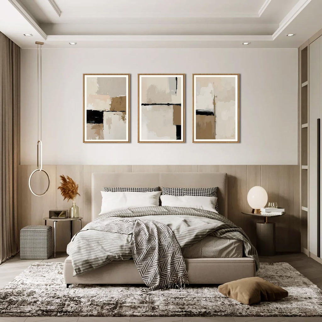 HPINUB Large Modern Abstract Framed Canvas Wall Art Set,Geometric Line Black White and Beige Textured Wall Decor Neutral Gray Minimalist Art Print for Living Room,Bedroom,Office -24'x36'x3