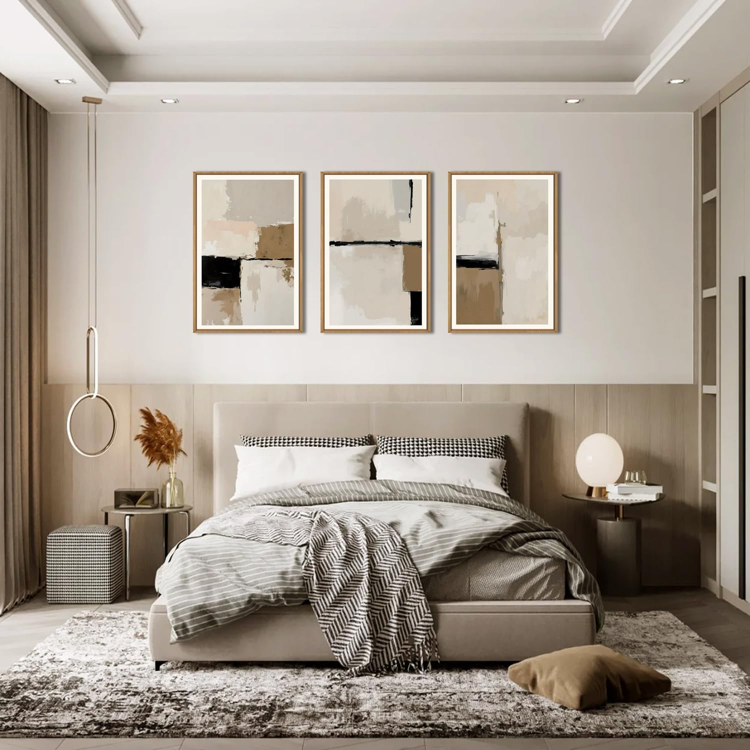 HPINUB Large Modern Abstract Framed Canvas Wall Art Set,Geometric Line Black White and Beige Textured Wall Decor Neutral Gray Minimalist Art Print for Living Room,Bedroom,Office -24'x36'x3