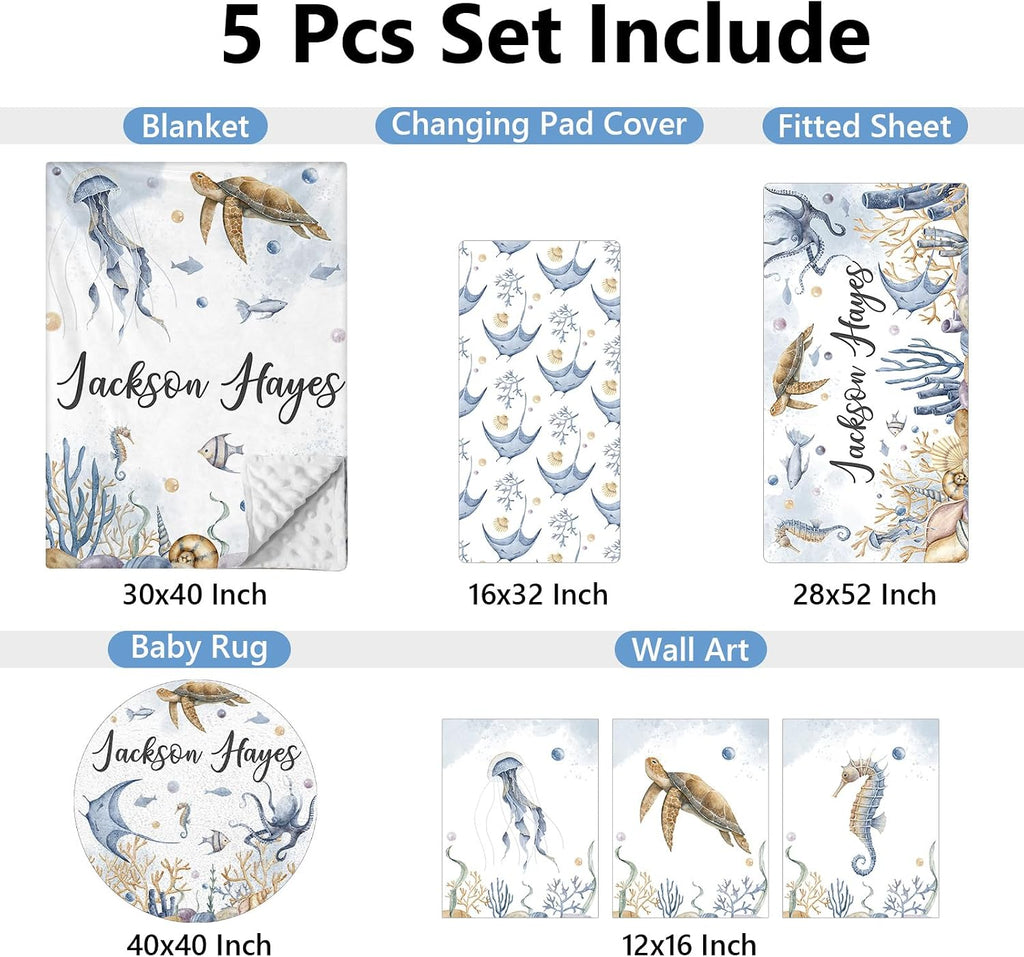 KAINSY Custom Crib Bedding Set 5 Pcs for Girls Boys – Personalized Underwater World Theme, Newborn Sleep Set, Nursery Decor, Toddler Room Essentials, Infant Sleep, Baby Room Accessories, Baby Gift