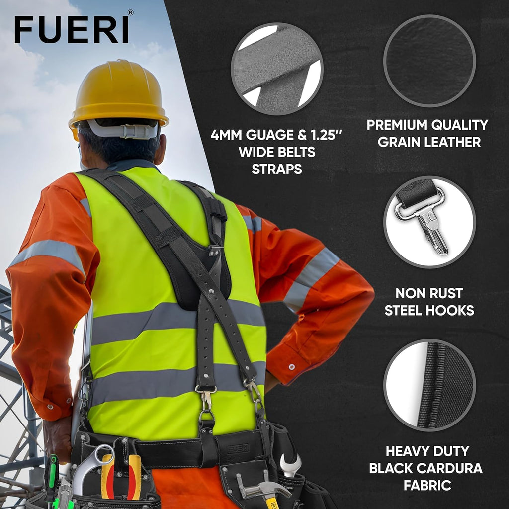 FUERI Leather Tool Belts with Suspender for Men, Heavy-Duty Durable Carpenter Tool Rig Organizer With 19 Pockets-2 Pouches, Padded Suspender, Hammer Holder, D-Loops & Foam-Padded Belt Electricians