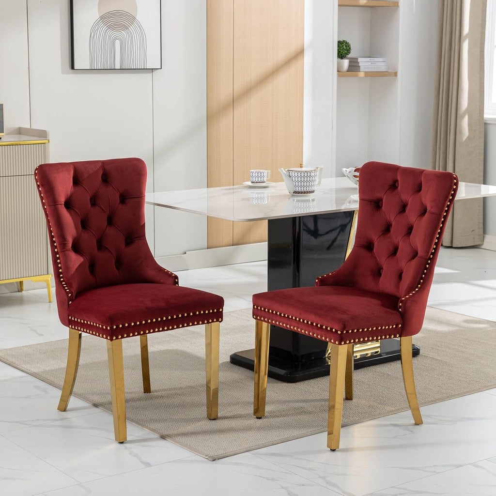 2 Piece Contemporary Velvet Upholstered Dining Chair with Chrome Stainless Steel Plating Legs, Nail Head Decro, Armless Tufted Dining Chair Fabric Dining Room Chair (Dark Red, Set of 2)