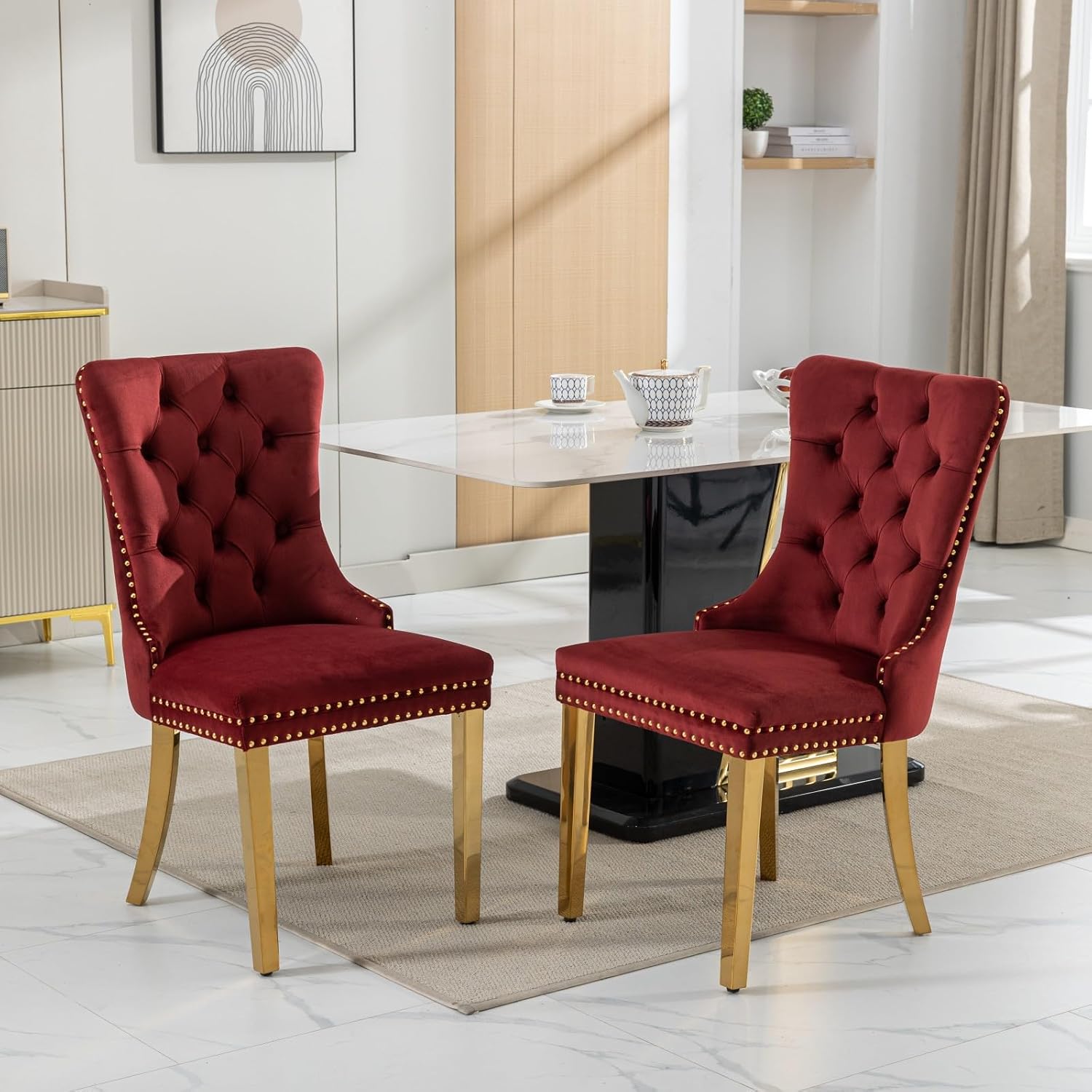 2 Piece Contemporary Velvet Upholstered Dining Chair with Chrome Stainless Steel Plating Legs, Nail Head Decro, Armless Tufted Dining Chair Fabric Dining Room Chair (Dark Red, Set of 2)