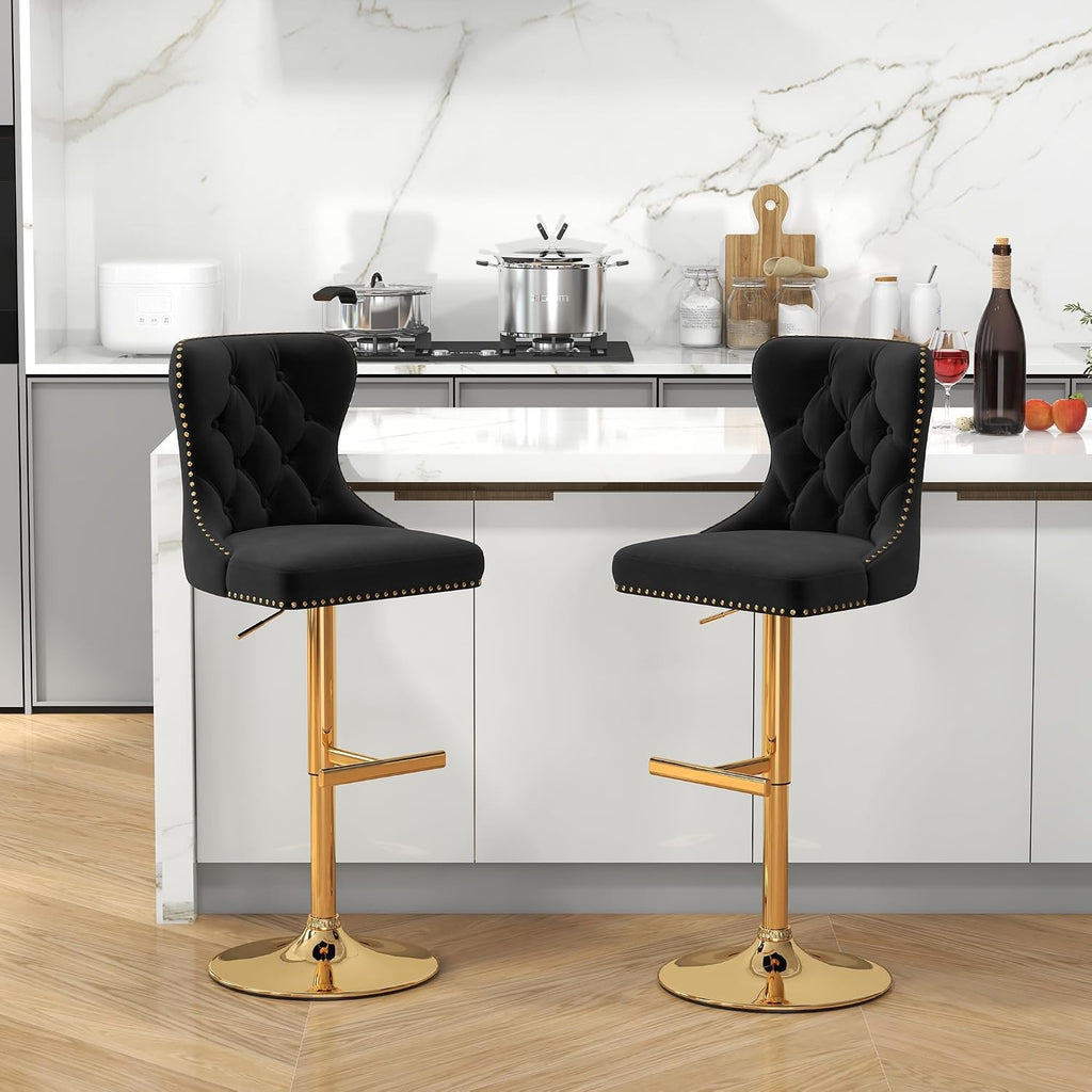 Bar Stools Set of 2, Velvet Swivel Counter Height Stools with Tufted Back, Adjustable Seat with Nailheads Trim, Upholstered Bar Chairs with Gold Base for Kitchen Island, Pub, Black