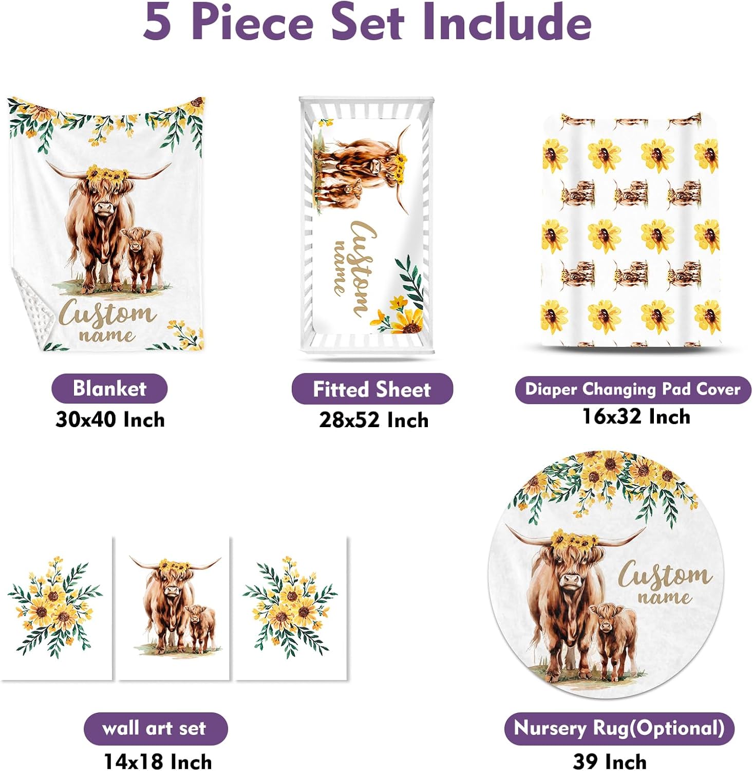 Personalized Nursery Crib Bedding Set: Custom Name Yellow Floral 5 Piece Baby Crib Sets with Highland Cattle Design - Toddler Double Layer Blanket Set, Comfortable Crib Bed Sheets for Baby Grils