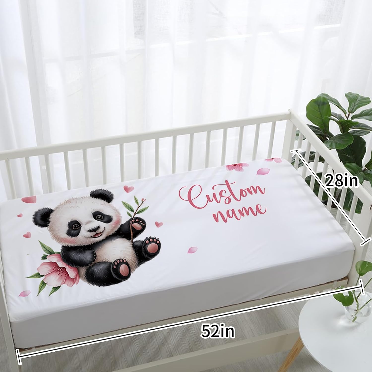 Personalized Crib Bedding Set for Baby Girls, Custom Name Baby Crib Sets 5-Pcs Include Toddler Double Layer Blanket Fitted Sheet Changing Pad Cover Rug Wall Art Set, Pink Panda Pattern Nursery Décor
