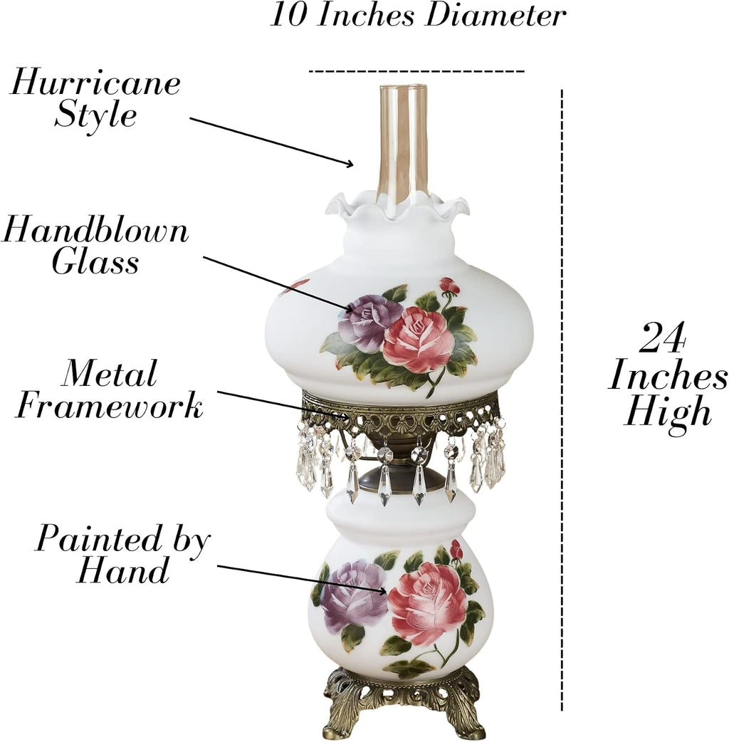 Touch of Class Olivia Jane Hurricane Table Lamp - White - Antique Brass Metal Base, Acrylic Crystal Gems, Glass Scalloped Shade - Vintage Bedroom Aesthetic, Victorian Style Lamps