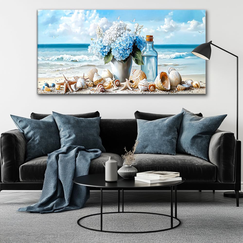 LASMOND Romantic Beach Wall Art for Living Room Blue Shells Conch Vase Canvas Prints Modern Large Flower Bottle Bedroom Ocean Artwork Decor (58x28 Inches)