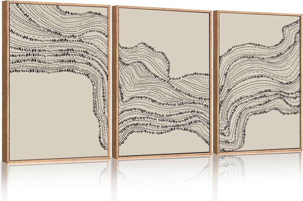 HLNIUC Neutral Abstract Framed Canvas Wall Art Set, Black Beige Wave Line Wall Decor, Large Minimalist Painting, Modern Geometric Art Print for Living Room, Bedroom, Dinning Room, Office - 24'x36'x3