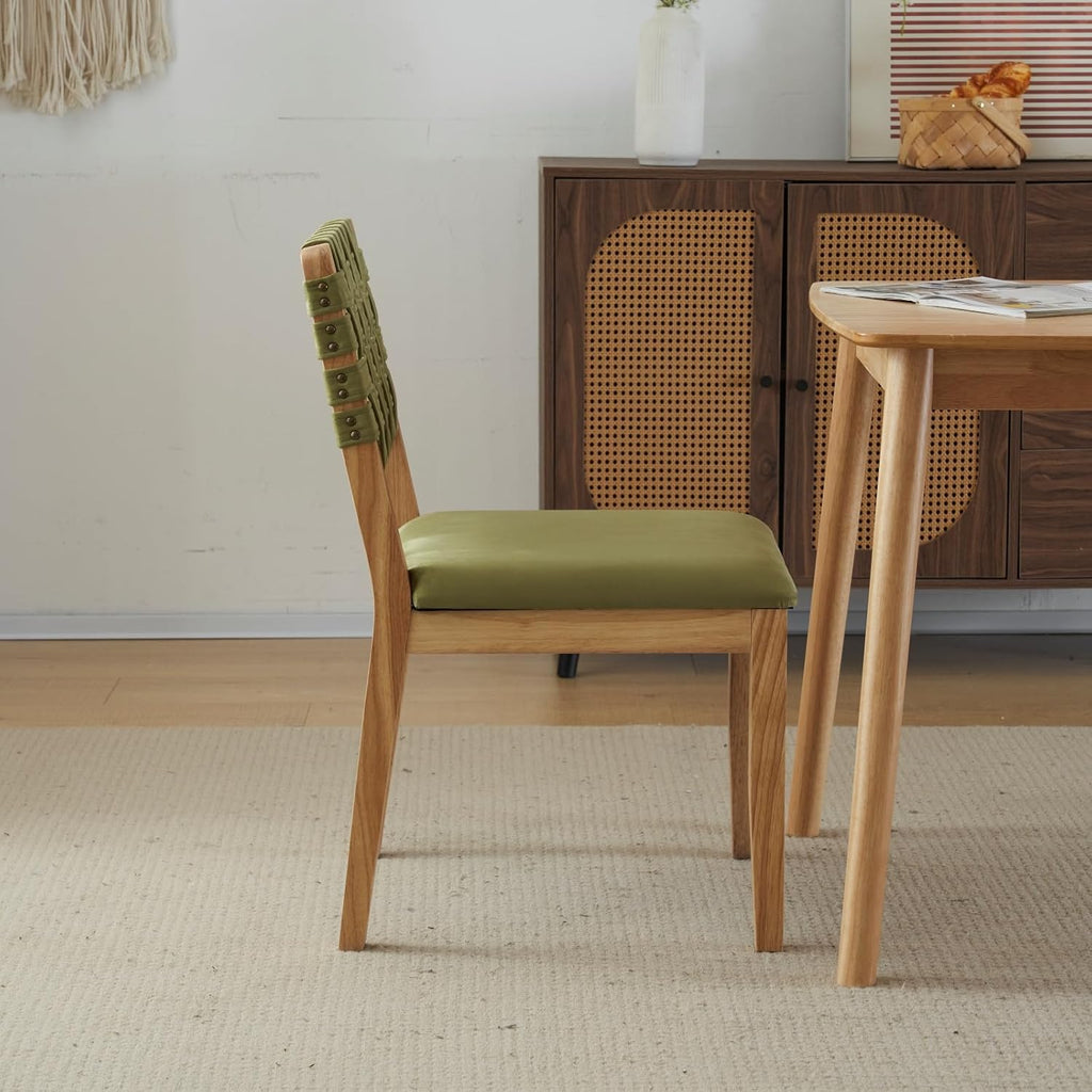 VINGLI Sage Green Woven Wooden Dining Chairs Set of 2,Armless Mid Century Modern Desk Chairs with Rivet&Foot Pegs,Upholstered Farmhouse Comfy Chair No Wheels for Dining Room,Living Room,Oak,Suede
