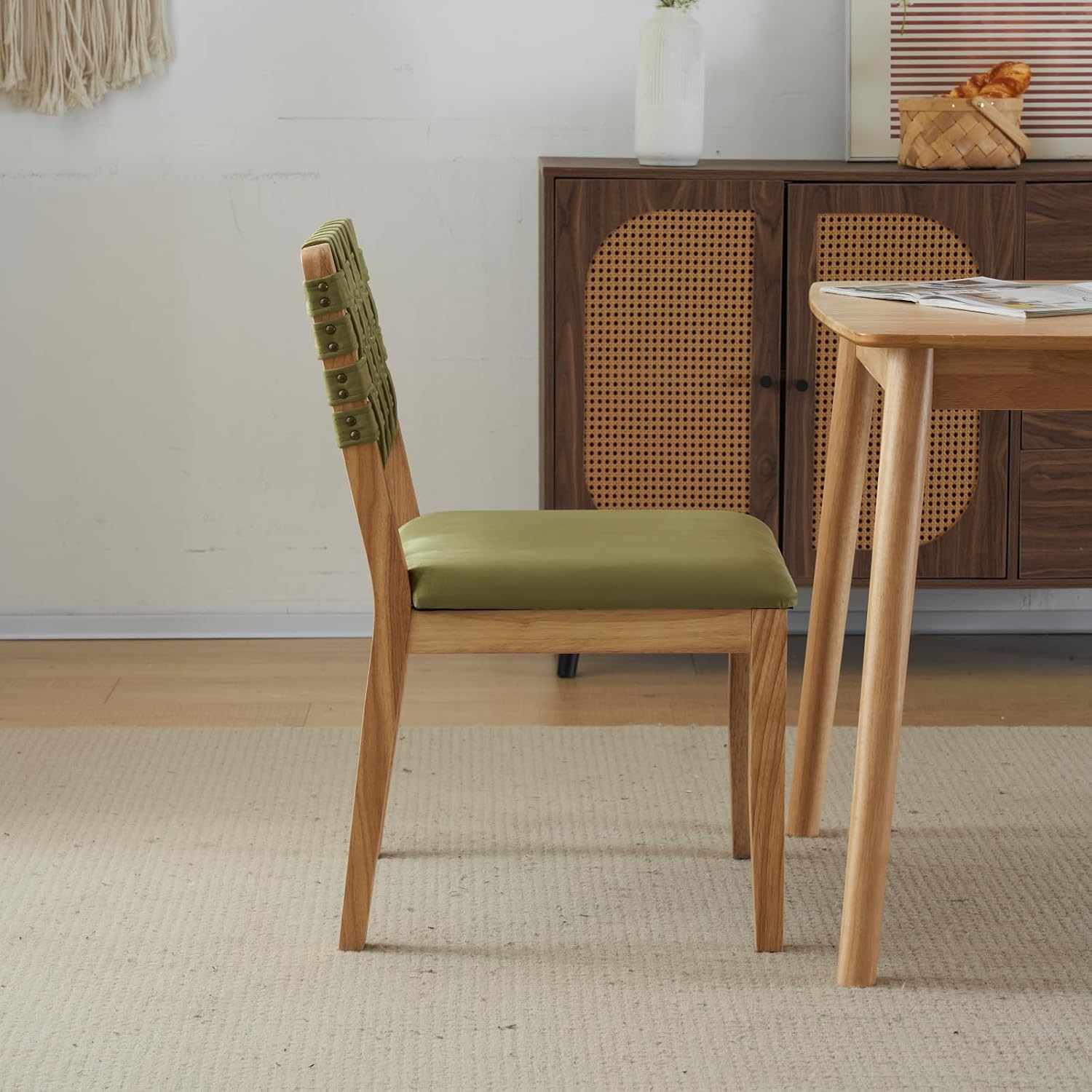 VINGLI Sage Green Woven Wooden Dining Chairs Set of 2,Armless Mid Century Modern Desk Chairs with Rivet&Foot Pegs,Upholstered Farmhouse Comfy Chair No Wheels for Dining Room,Living Room,Oak,Suede