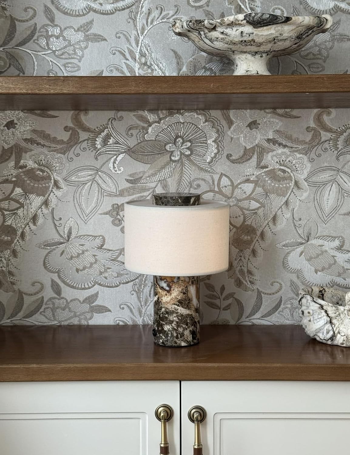 BSOD Marble Lamp, Stone Table Lamps Collection - Modern Cylindrical Lampshade Cordless Luxury Design Bedside Lamp for Home Decor, Bedroom, Living Room & Office (Plug-in Emperador Dark Lamp)