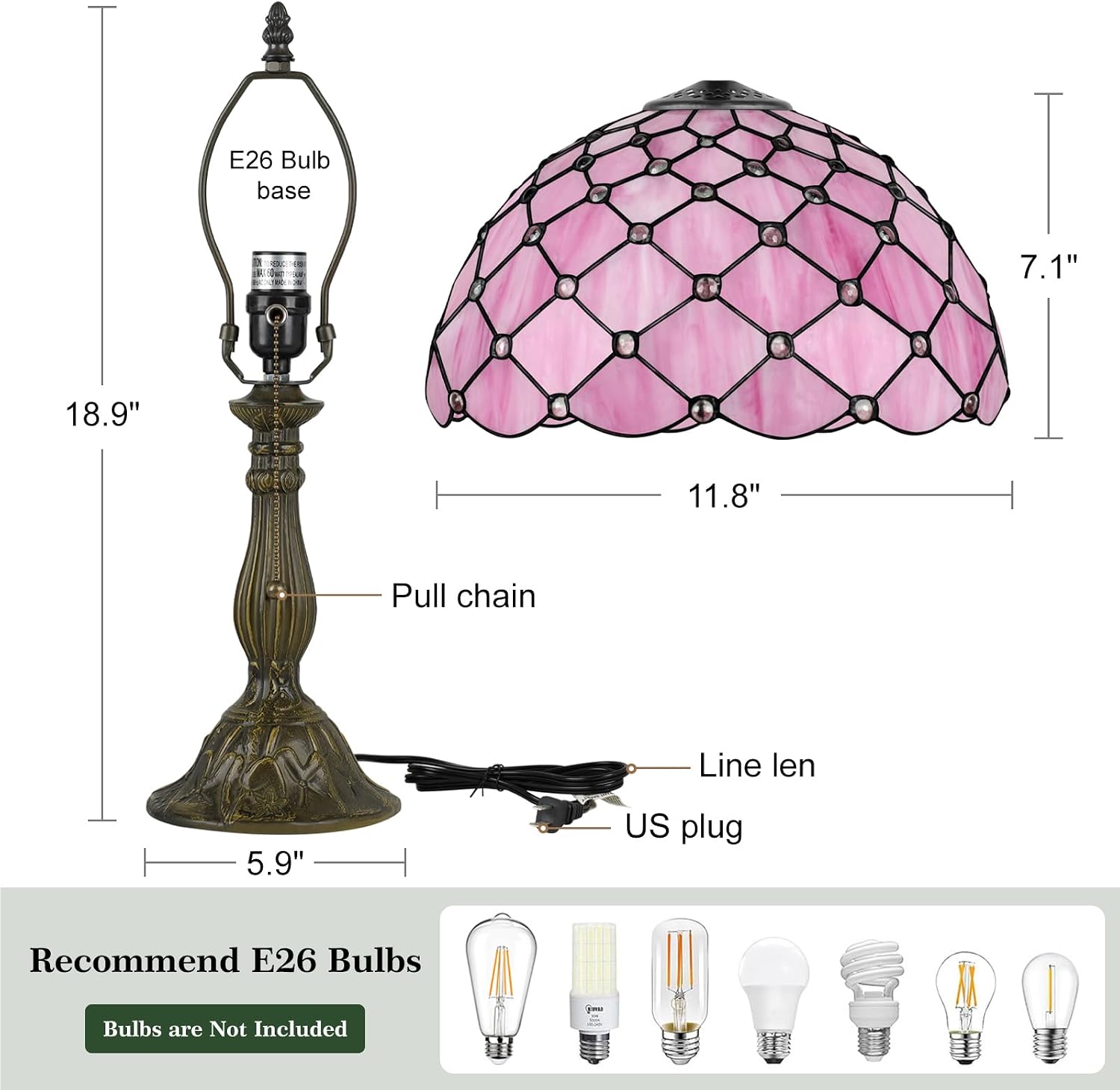 MOAN Lamp Stained Glass Table Lamp 12X12X19 Inch Bedside Reading Light Antique Bronze Base(Pink Pearl Style)