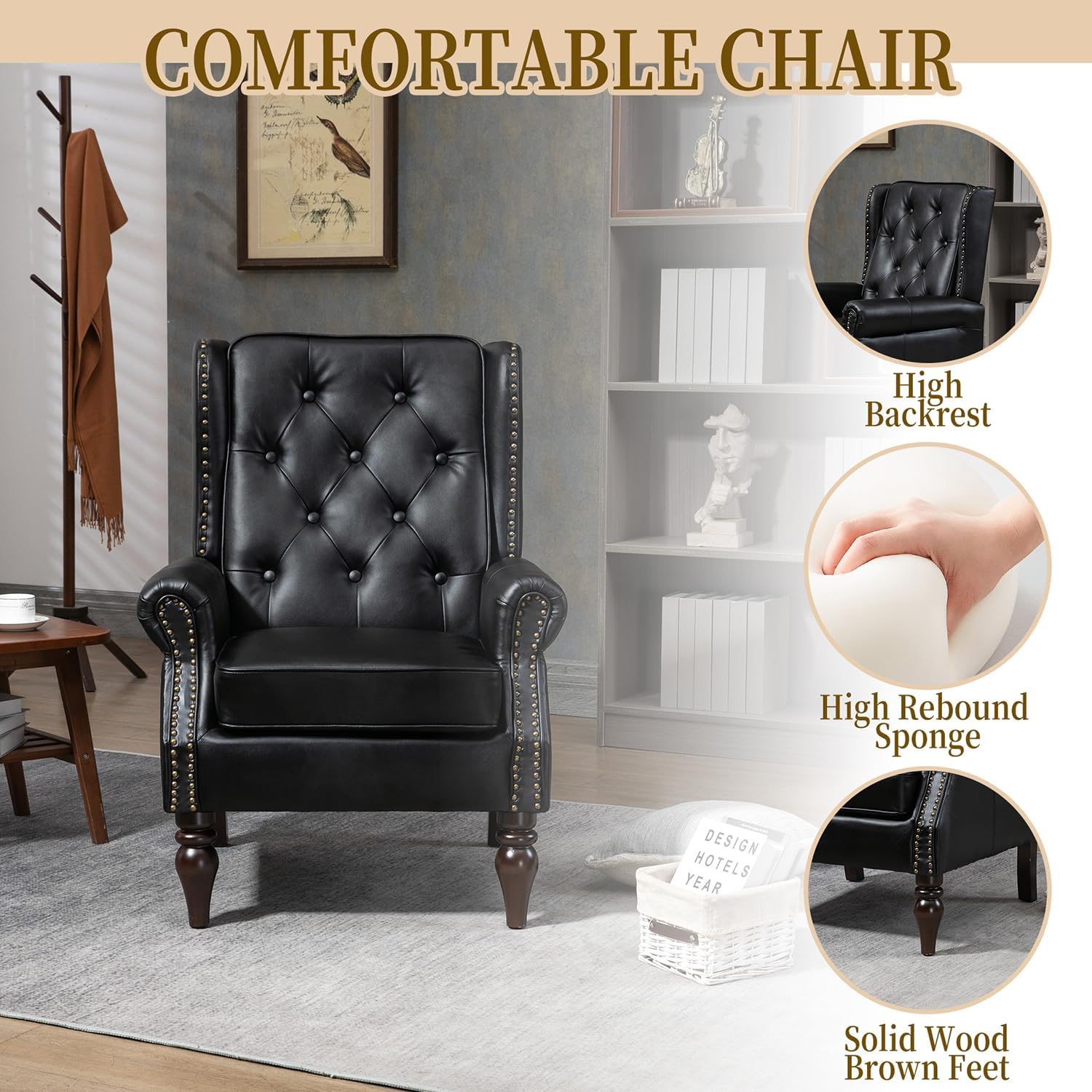Mid-Century Wingback Chairs Set of 2,Faux Leather Accent Chairs Armchair with Buttons,Modern Living Room Chairs with Rivet Decoration,Single Sofa Chair for Bedroom,Club,Home Reception (Black)