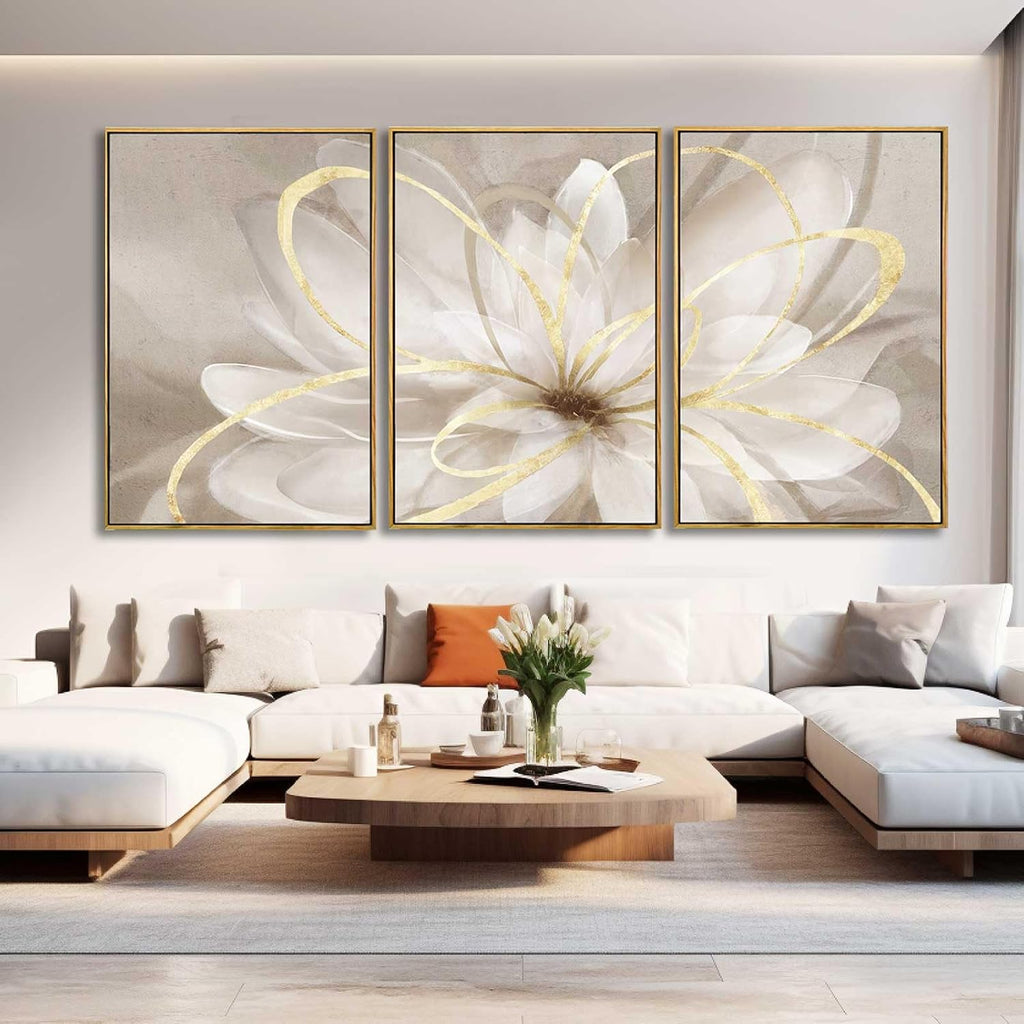 SOUGUAN Living Room Decor White Flower Artwork Gold Canvas Wall Art Abstract Line Painting for Bedroom Kitchen Dining Room Home Wall Decor 26'x40'x 3 Pieces