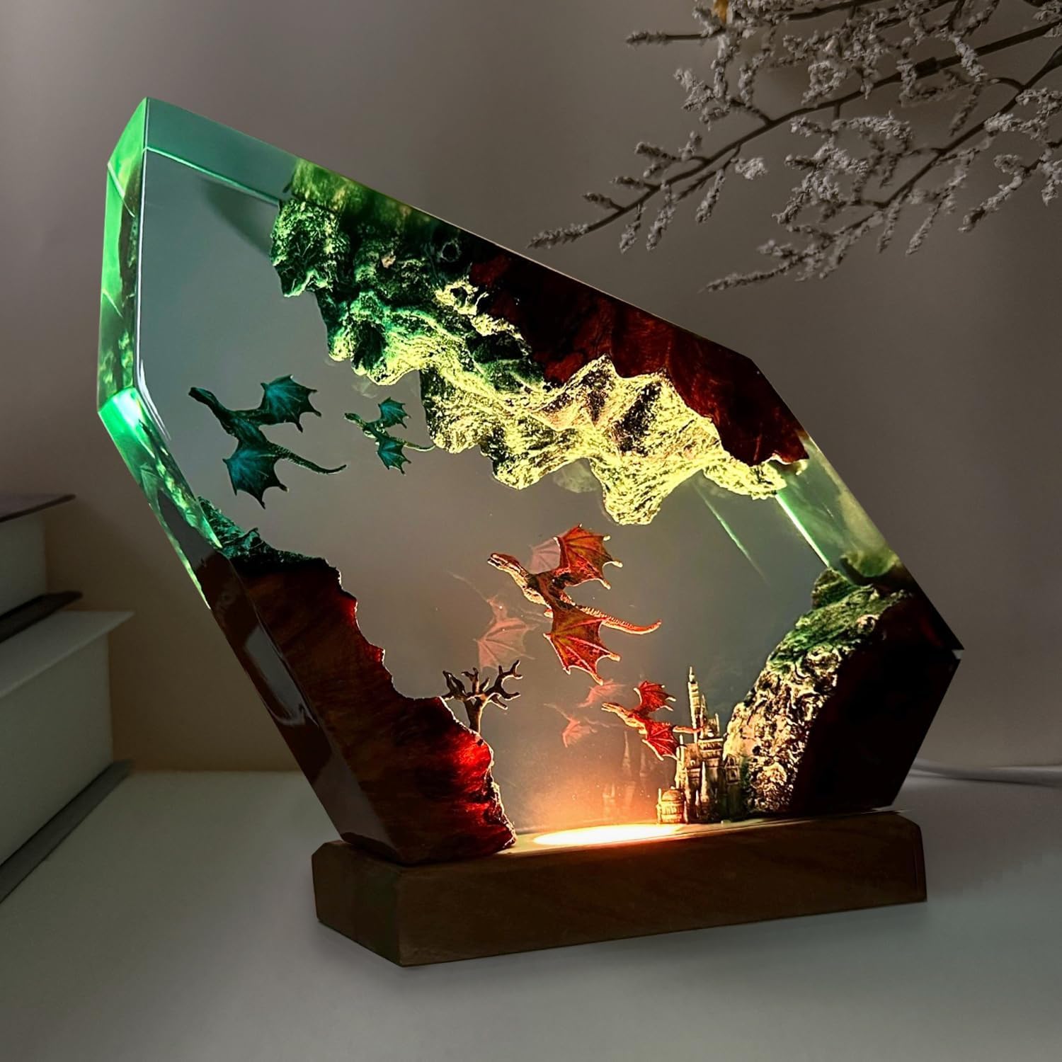 Resin Dragon Lamp,RGB Table Night Light with Wood Base, Handmade Resin Art Piece Brithday Valentine's Gifts for Women & Men,Dragon Gifts for Dungeons,Gamer (M,8'x5')