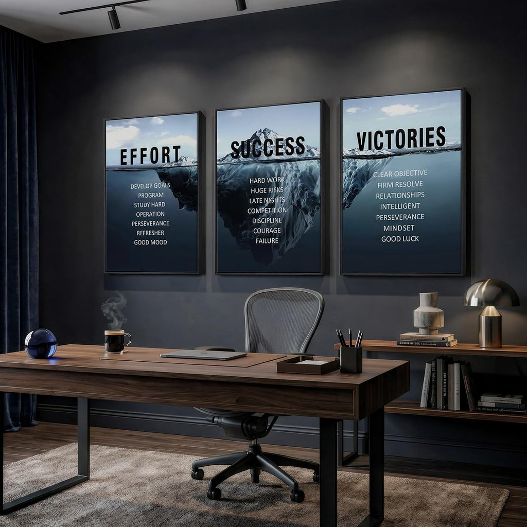Large Framed Inspirational Wall Art for Office Decor, 3 Piece Modern Navy Blue Motivational Canvas Prints Artwork for Walls, Positive Quotes Pictures for Gym Home Office Library Wall Decor, 24x36 In