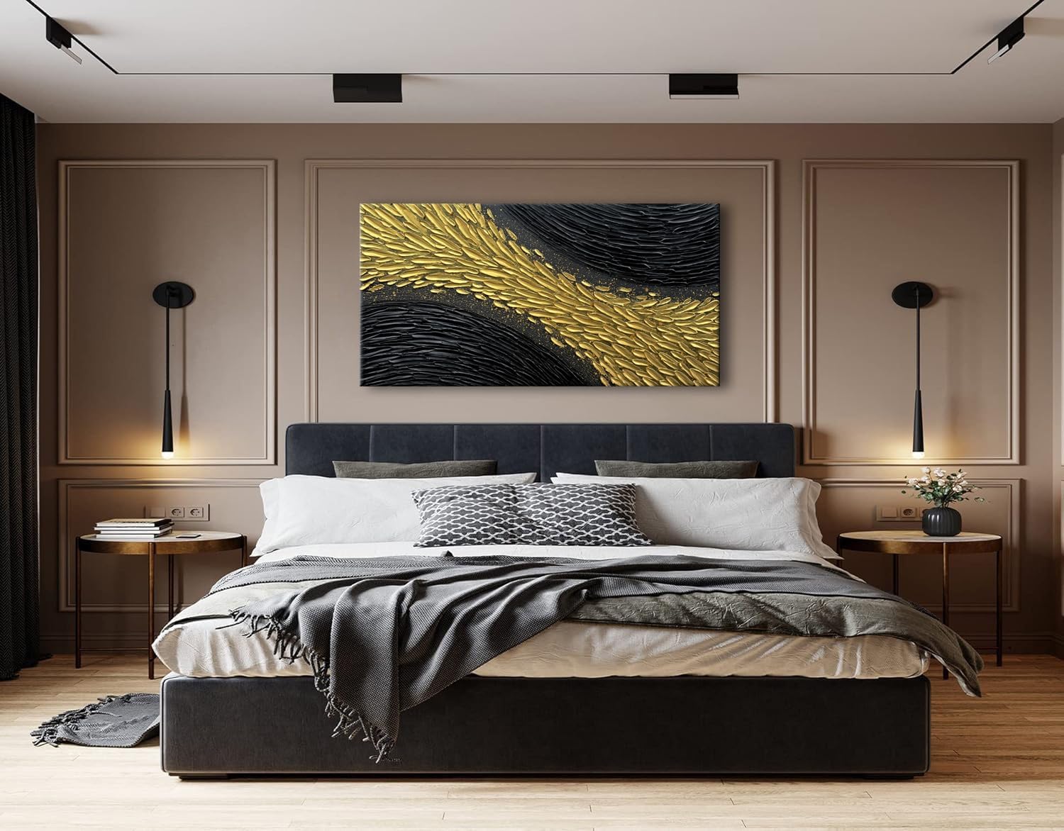 Slyart Black and Gold Wall Art, Large Gold Texture Abstract Art, Contemporary Art Oil Painting, 24'x48' Modern Home Decor for Living Room Bedroom