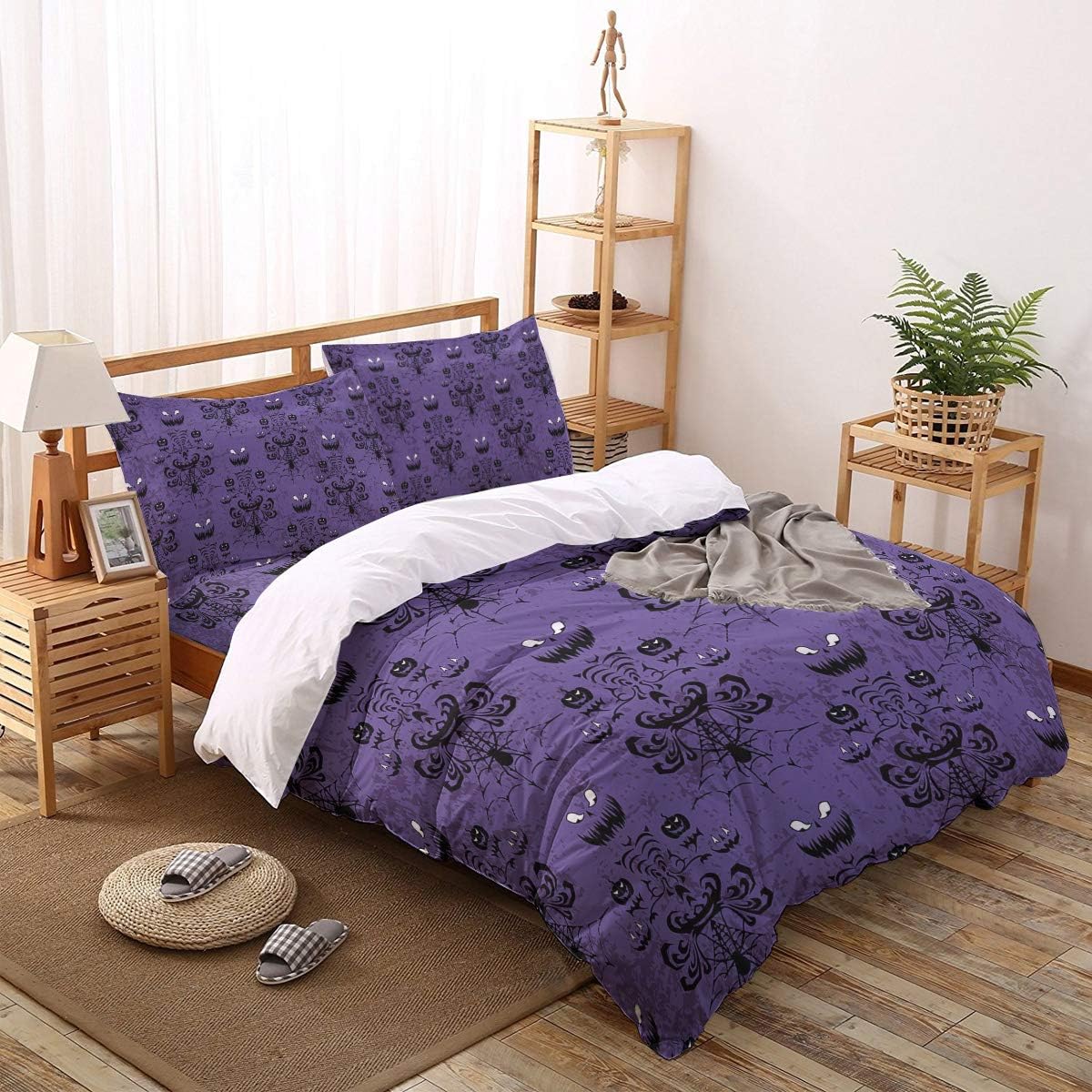 Prime Leader California King 4 PCS Bedding Duvet Cover Set Halloween Haunted Ghost House Mansion Spider Soft Cozy All Season Bed Sheet Set, 1 Duvet Cover 1 Sheet and 2 Pillowcases (No Comforter)
