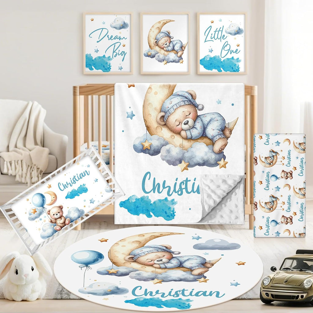 Personalized Baby Crib Bedding Set, 5 Pcs Custom Name Nursery Bedding Set for Girls Boys, Blue Moon Bear Baby Crib Set for Toddlers Infants, Double Layer Bedding Crib Sets Customized Gifts