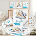 Personalized Baby Crib Bedding Set, 5 Pcs Custom Name Nursery Bedding Set for Girls Boys, Blue Moon Bear Baby Crib Set for Toddlers Infants, Double Layer Bedding Crib Sets Customized Gifts