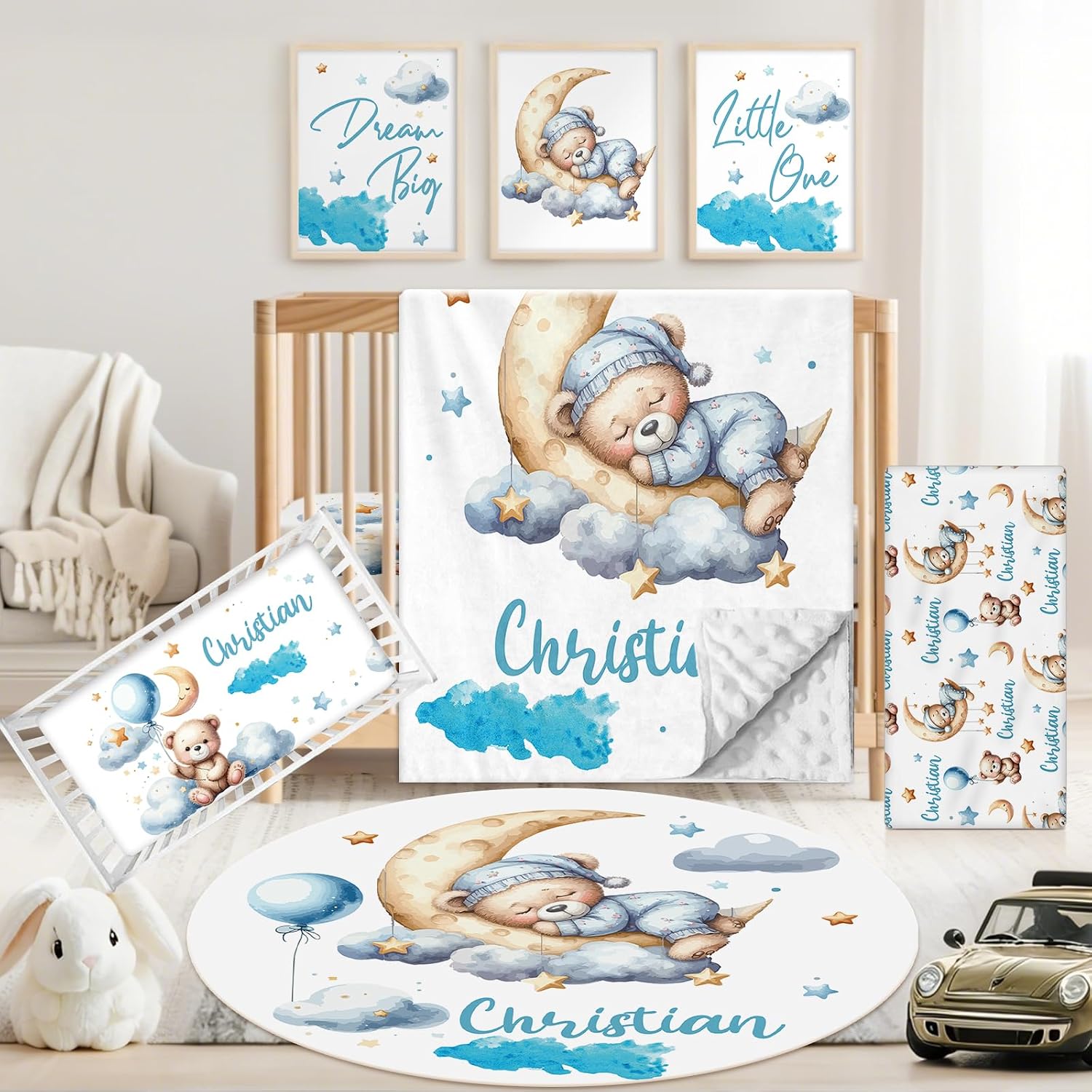 Personalized Baby Crib Bedding Set, 5 Pcs Custom Name Nursery Bedding Set for Girls Boys, Blue Moon Bear Baby Crib Set for Toddlers Infants, Double Layer Bedding Crib Sets Customized Gifts