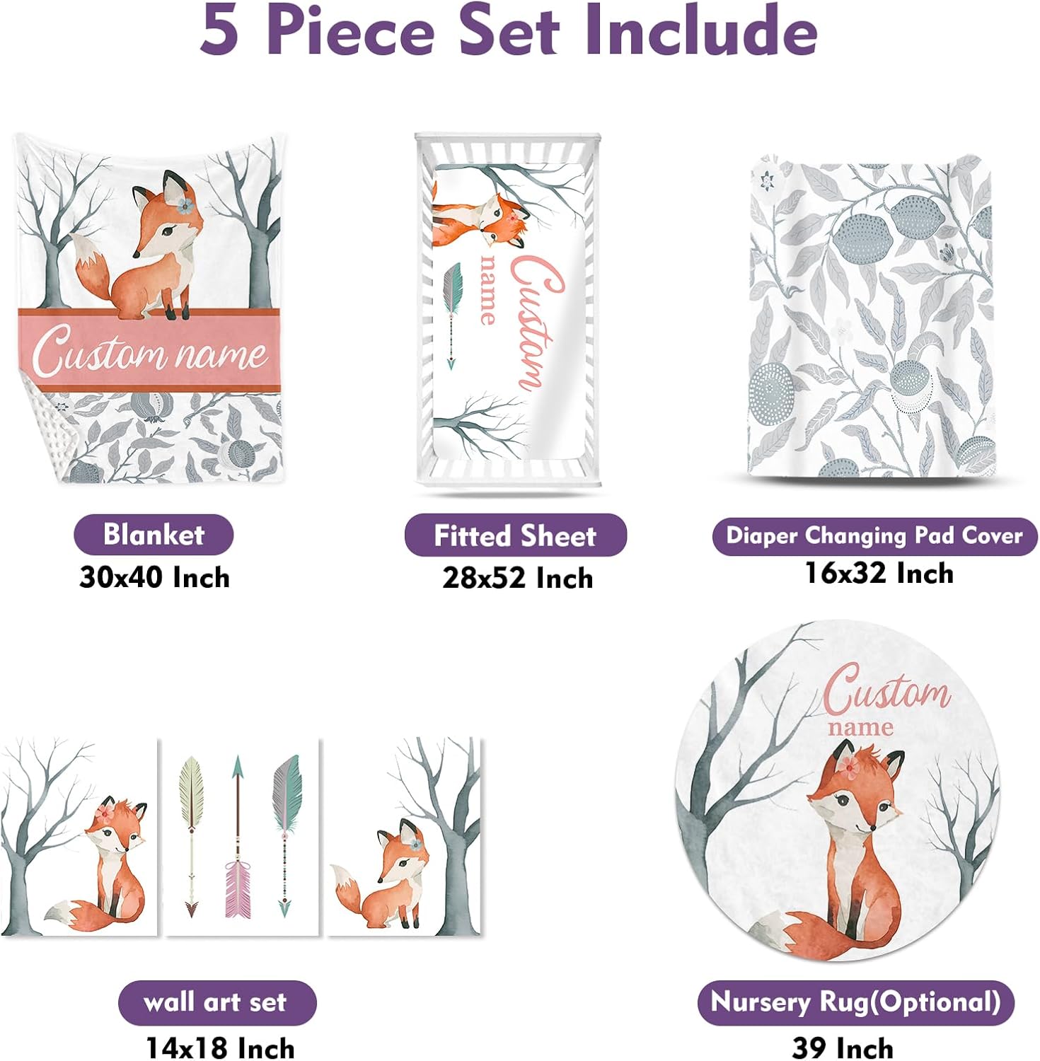 Personalized Nursery Crib Bedding Set: Custom Name 5 Piece Baby Crib Sets with Cute Fox Pattern - Toddler Double Layer Blanket Set, Comfortable Crib Bed Sheets for Baby Grils
