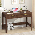 YOMILUVE Fluted Computer Desk with 2 Drawers, 39 Inch Small Computer Desk with Storage, Compact Writing Study Desk for Small Spaces, Walnut