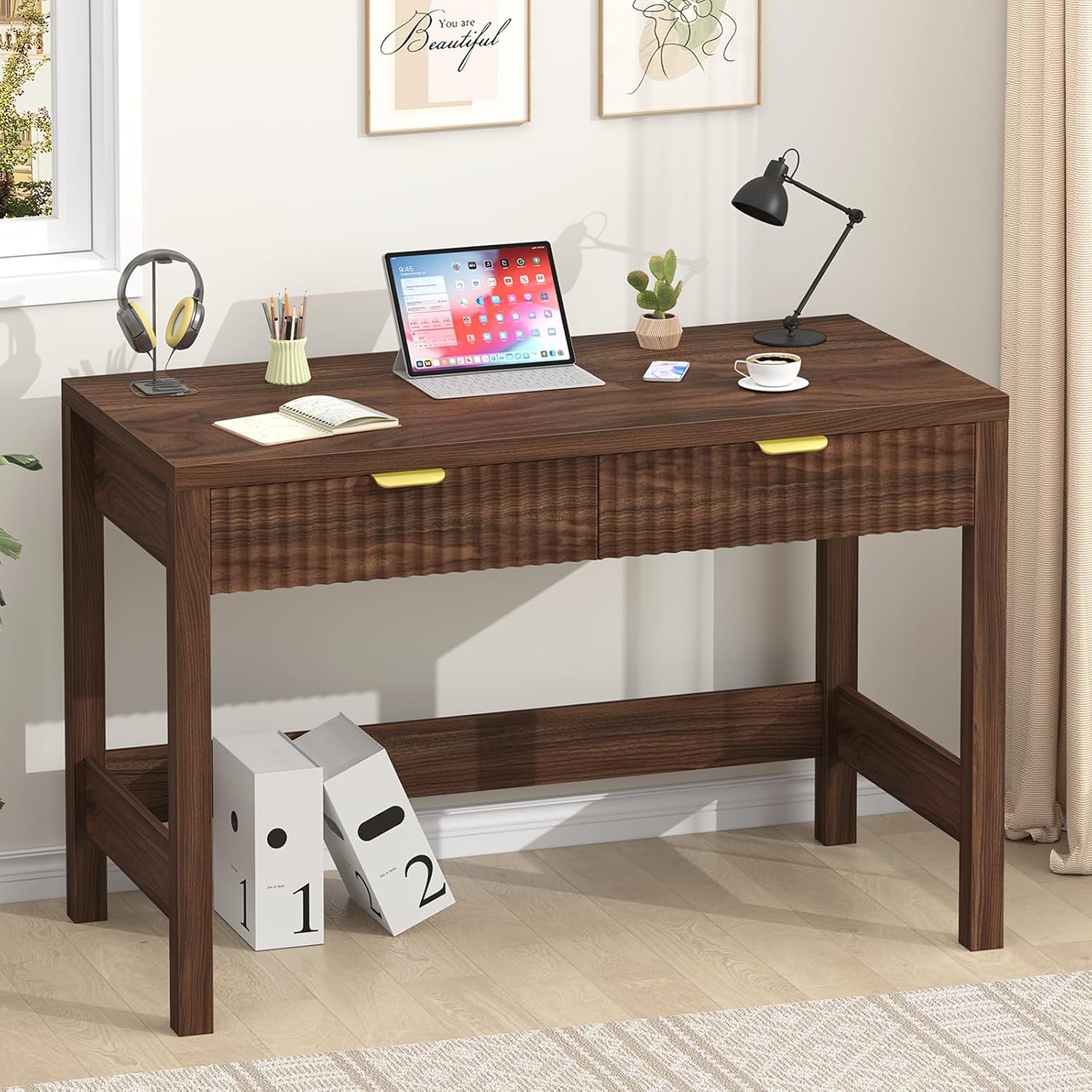 YOMILUVE Fluted Computer Desk with 2 Drawers, 39 Inch Small Computer Desk with Storage, Compact Writing Study Desk for Small Spaces, Walnut