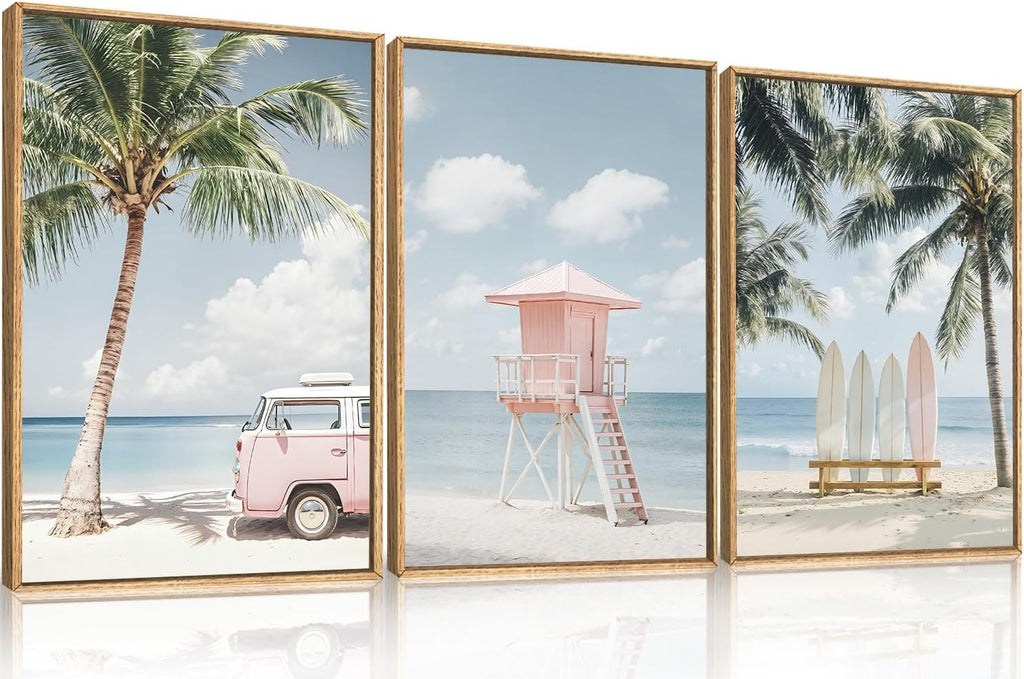 Celestdeco Large Beach Seascape Ocean Framed Canvas Wall Art Set,Modern Coastal Surfboard Palm Tree Wall Decor,Summer Pink Van Artwork for Living Room,Bedroom,Dining Room,Office-24 x36 x3