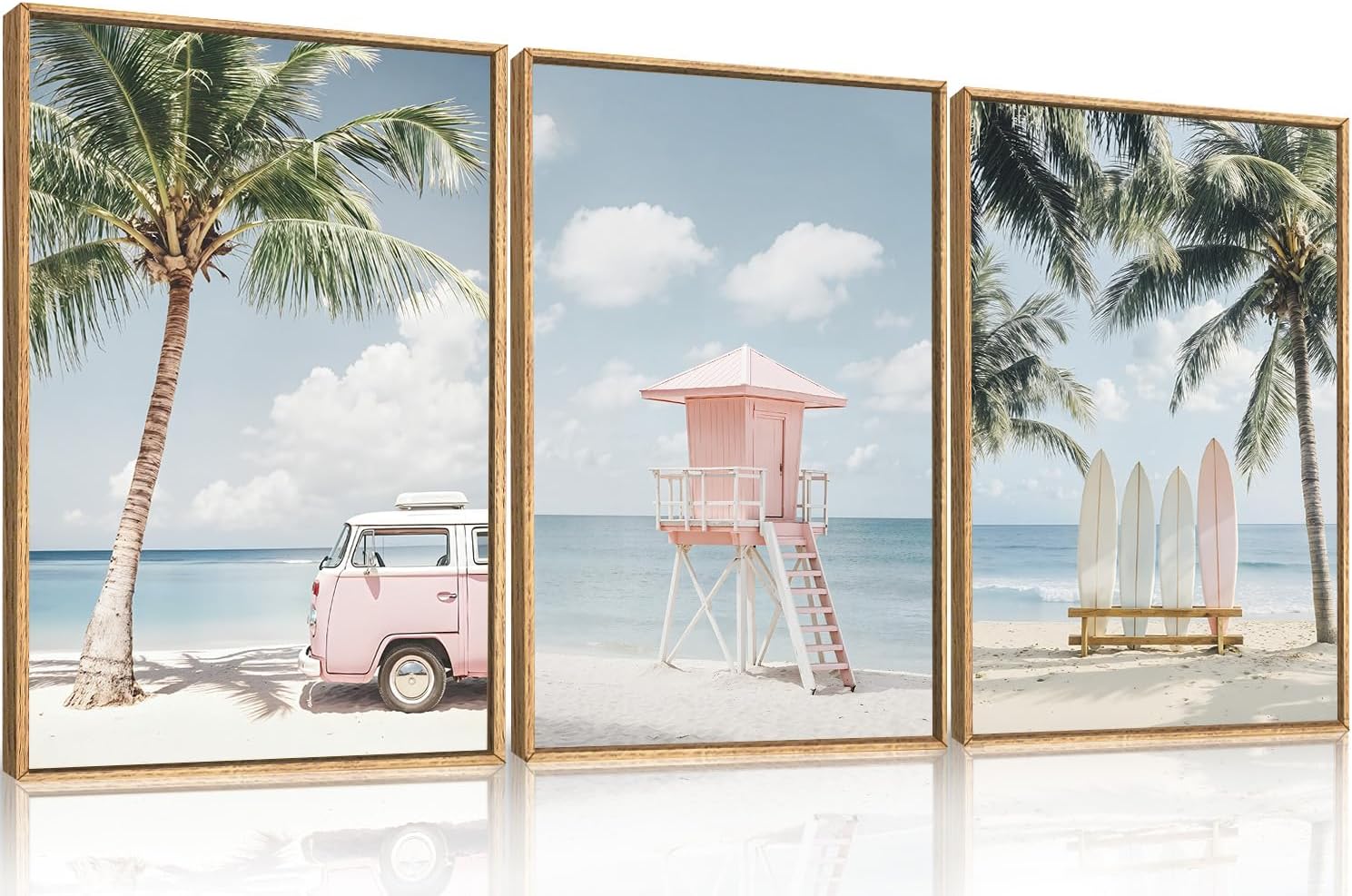 Celestdeco Large Beach Seascape Ocean Framed Canvas Wall Art Set,Modern Coastal Surfboard Palm Tree Wall Decor,Summer Pink Van Artwork for Living Room,Bedroom,Dining Room,Office-24 x36 x3