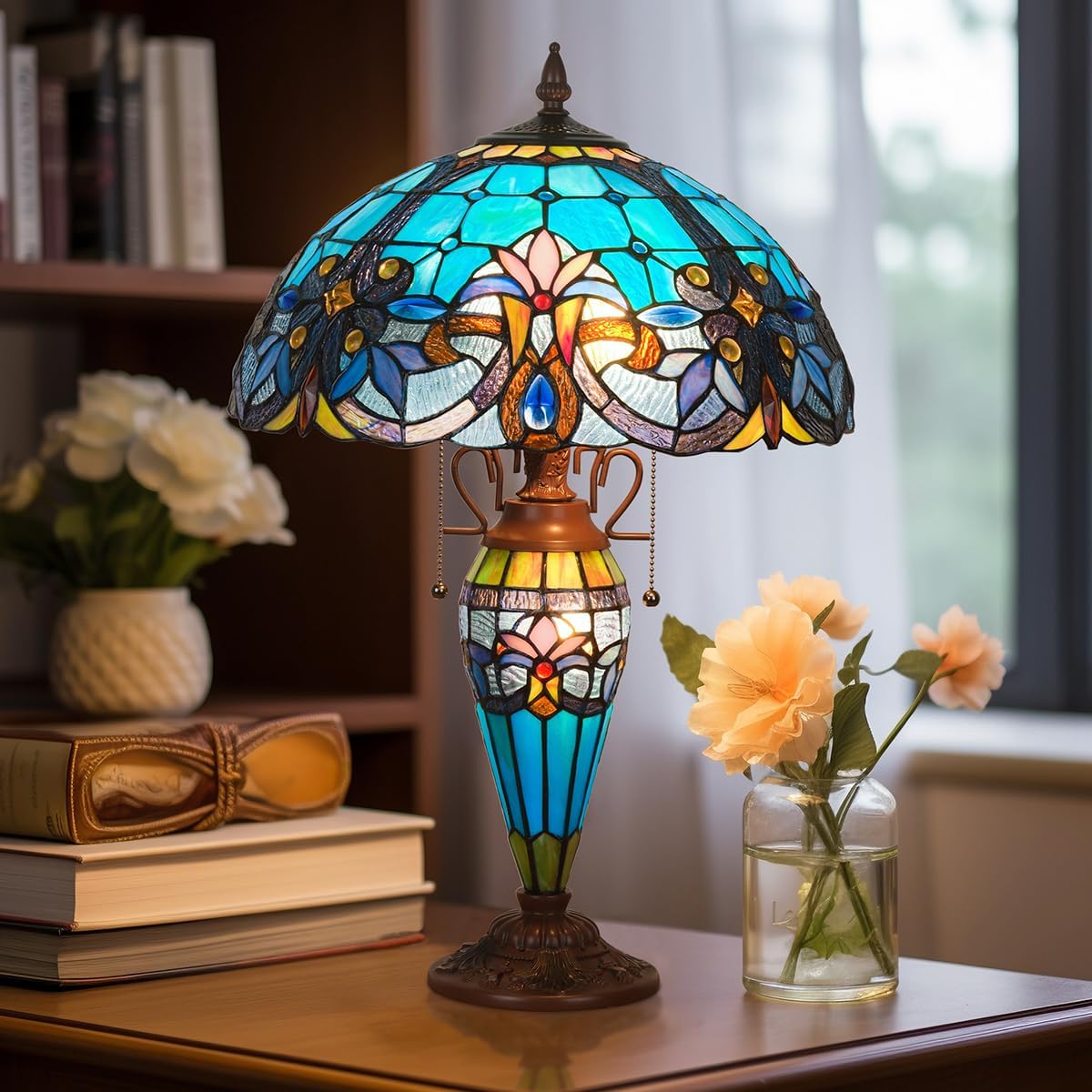Tiffany Table Lamp with NightLight,16 inch Green Large Stained Glass Table Light,Antique Style 3-Lights Desk Lamp for Living Room Bedroom Office