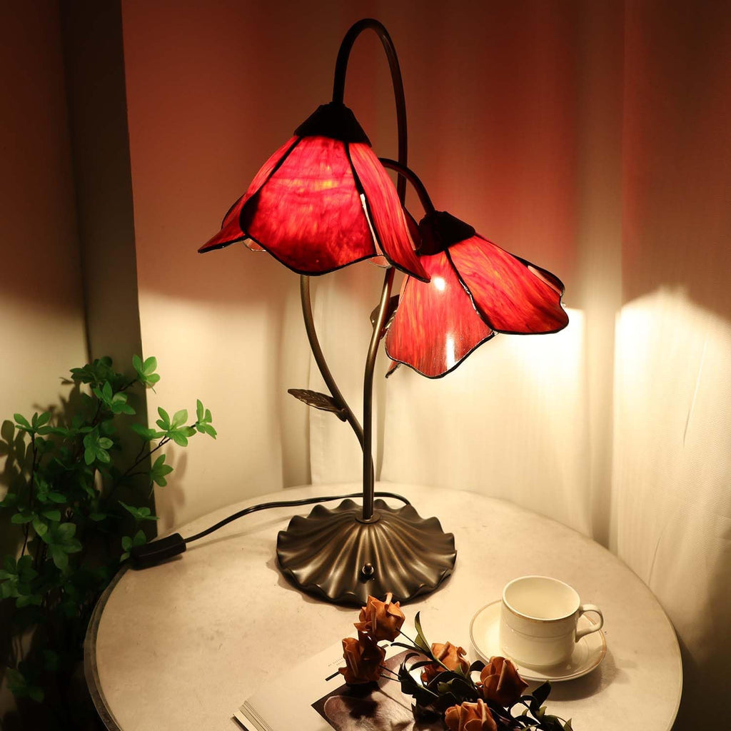 Bieye L12019 Flower Tiffany Style Stained Glass Table Lamp with 8-inch Wide Bent Glass Lampshade Lily Pad Base (Red, 2-Light)