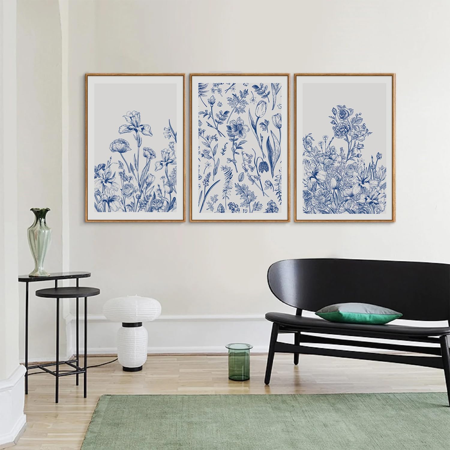 SIGNINART Classic Chinoiserie Framed Canvas Wall Art Set, Blue and White Floral Art Painting, Minimalist Botanical Flower Artwork, Navy Blue Wall Decor for Bedroom, Living Room, Office 24'x36'x3