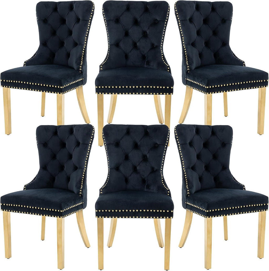 Velvet Dining Chairs Set of 6, Upholstered Dining Room Chairs, Mid-Century Modern Chairs with Diamond Lattice Tufted Back, Lion Pull Ring Rivet Trim, Golden Metal Legs for Kitchen, Black