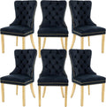 Velvet Dining Chairs Set of 6, Upholstered Dining Room Chairs, Mid-Century Modern Chairs with Diamond Lattice Tufted Back, Lion Pull Ring Rivet Trim, Golden Metal Legs for Kitchen, Black