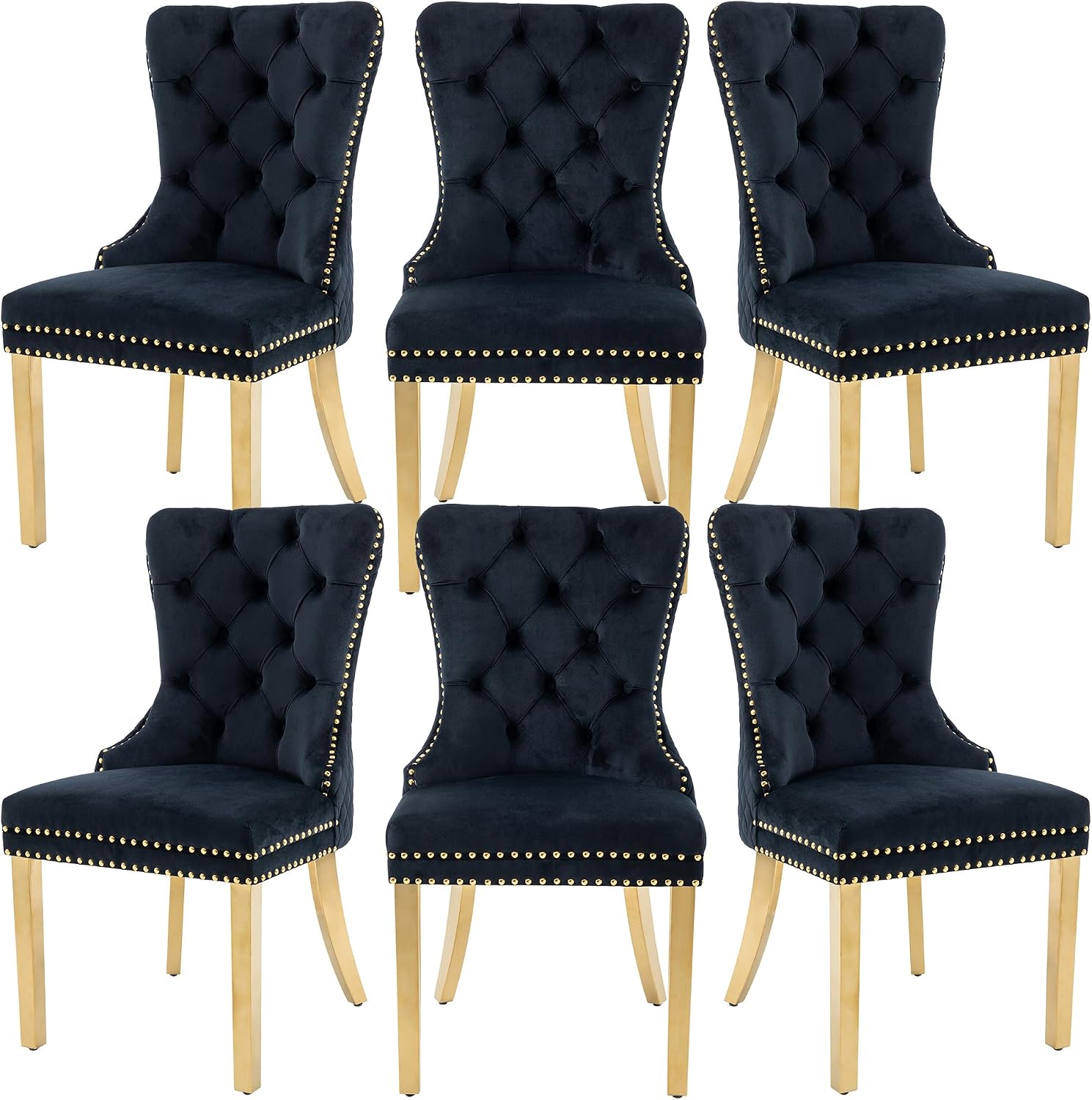 Velvet Dining Chairs Set of 6, Upholstered Dining Room Chairs, Mid-Century Modern Chairs with Diamond Lattice Tufted Back, Lion Pull Ring Rivet Trim, Golden Metal Legs for Kitchen, Black