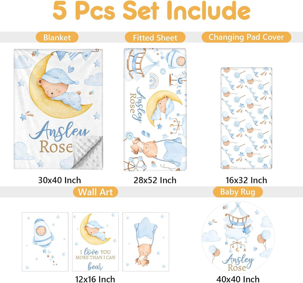 Terwex Personalized Baby Crib Bedding Set, 5 Pcs Custom Name Baby Crib Set with Double Layer Blanket, Soft Blue Moon Bear Nursery Bedding Set for Girls Boys, Customized Gifts for Toddlers Infants