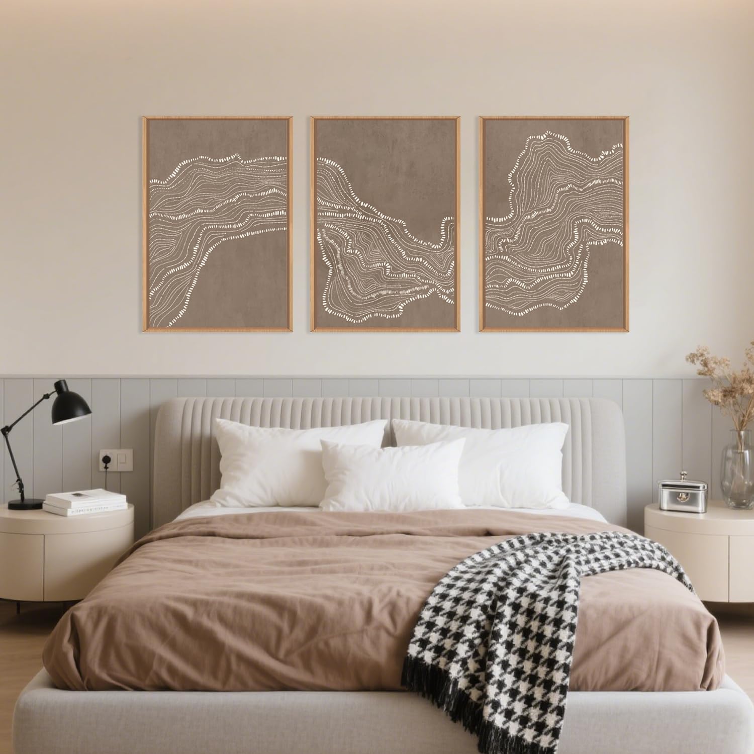 Abstract Line Wave Framed Canvas Wall Art Set,Geometric White Tan Dot Art Painting,Modern Minimalism Wall Decor,Neutral Art Print for Living Room,Bedroom,Dining Room,Office Decor-24 x36 x3