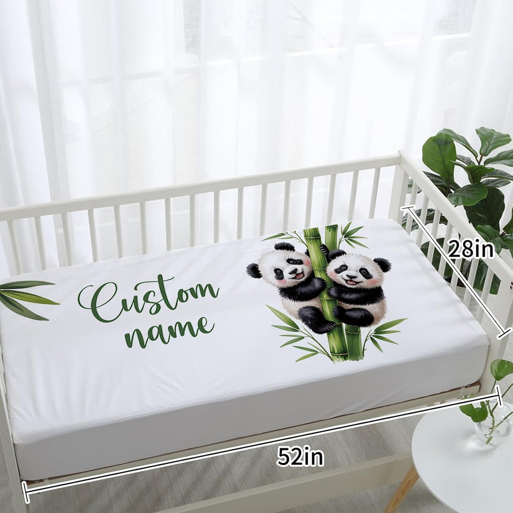 Personalized Crib Bedding Set for Baby Boys Girls, Custom Name Baby Crib Sets 5-Pcs Include Toddler Double Layer Blanket Fitted Sheet Changing Pad Cover Rug Wall Art Set, Panda Theme Nursery Décor