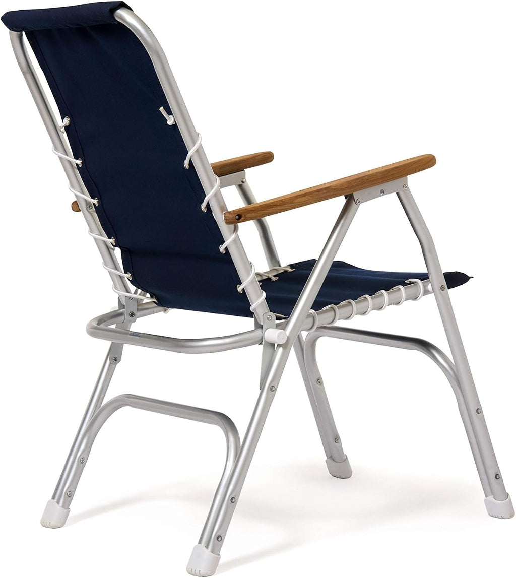 Boat Chairs High Back Navy Blue Deck Folding Marine Aluminum Teak Furniture Set of 2 M150NB
