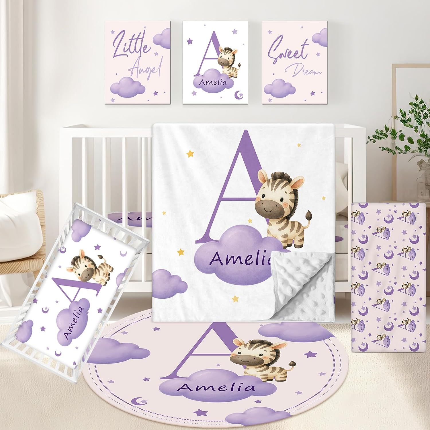 KAINSY Custom Crib Bedding Set, 5 Pcs Personalized Name Monogram Baby Crib Sets for Infants Toddlers, Purple Zebra Nursery Bedding Set for Boys Girls, Double Layer Baby Bedding Sets Customized Gifts