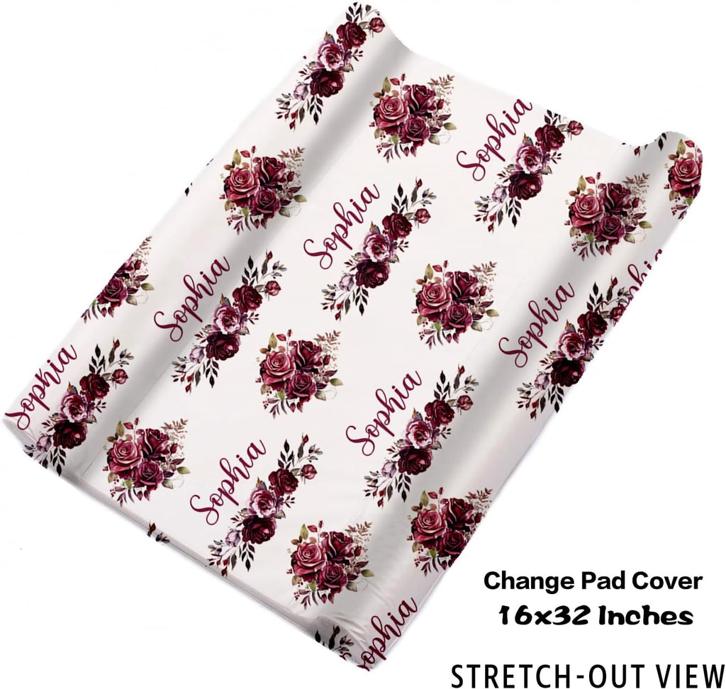 Personalized Baby Crib Bedding Set for Baby Girls, Rose Animal Pattern Custom Name 5-Pcs, Toddler Double Layer Blanket Fitted Sheets Changing Pad Cover Rug Wall Art Set
